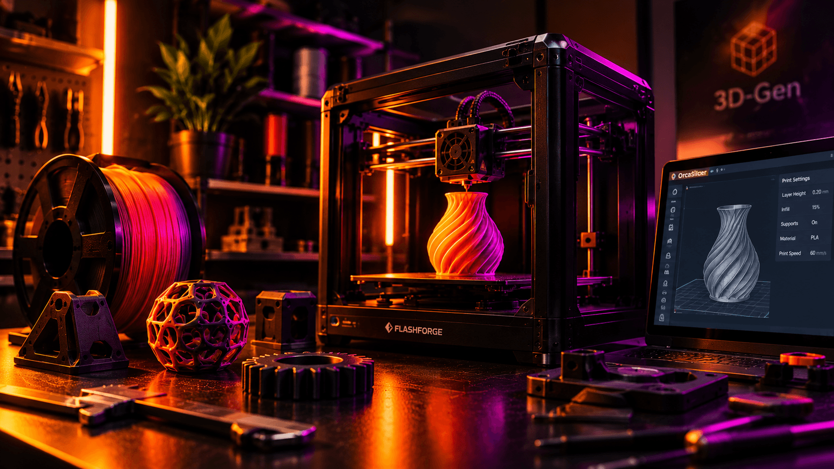 3D-Drucker in dunkler Werkstatt druckt eine Vase in warmem Licht
