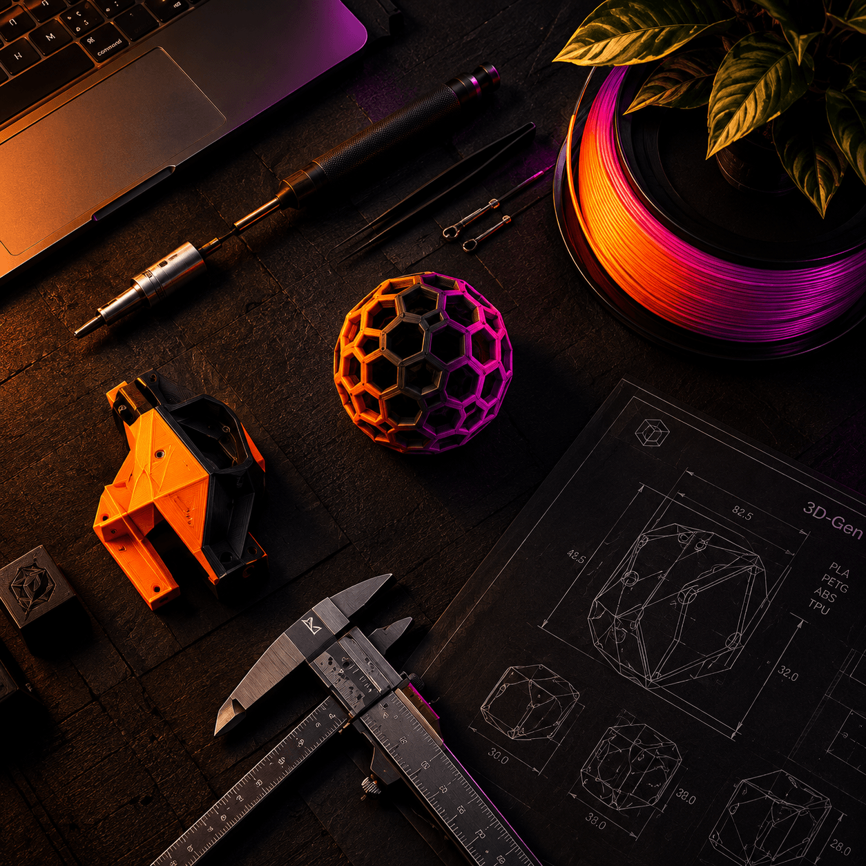 Werkbank mit 3D-gedruckten Teilen, Filament und Konstruktionsplänen
